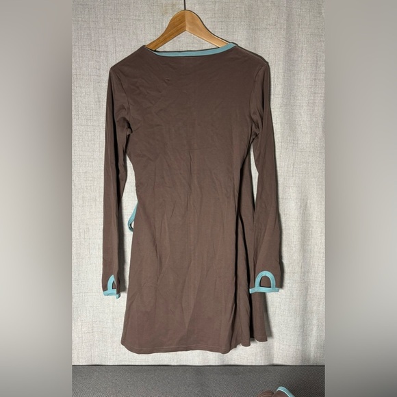 JOY ORGANIC brown & light blue tunic top wrap dress. 100% organic cotton. Soft. - Picture 2 of 12